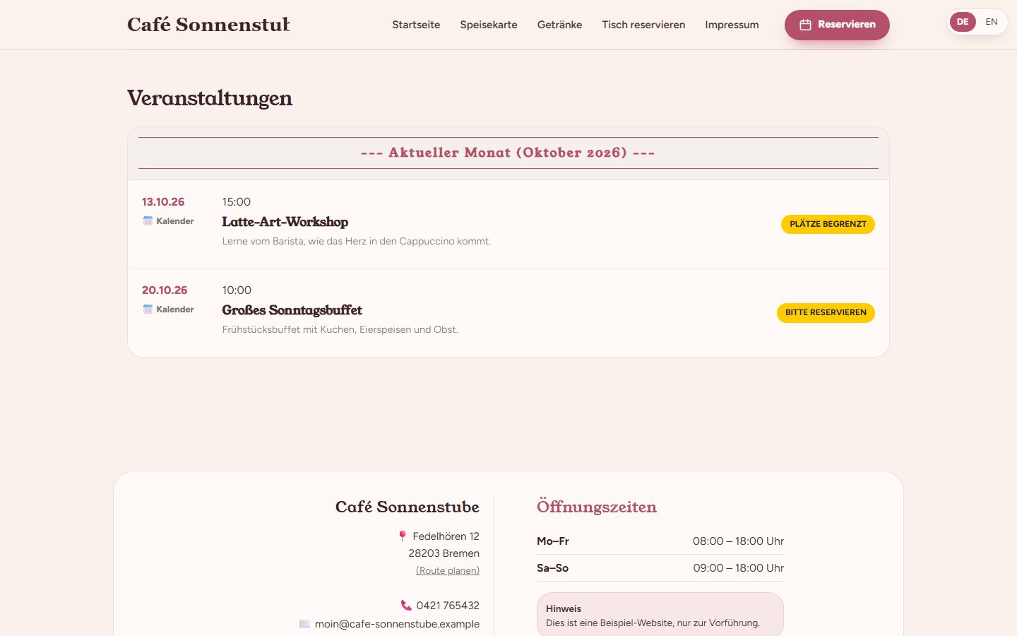 Veranstaltungskalender der Demo-Website