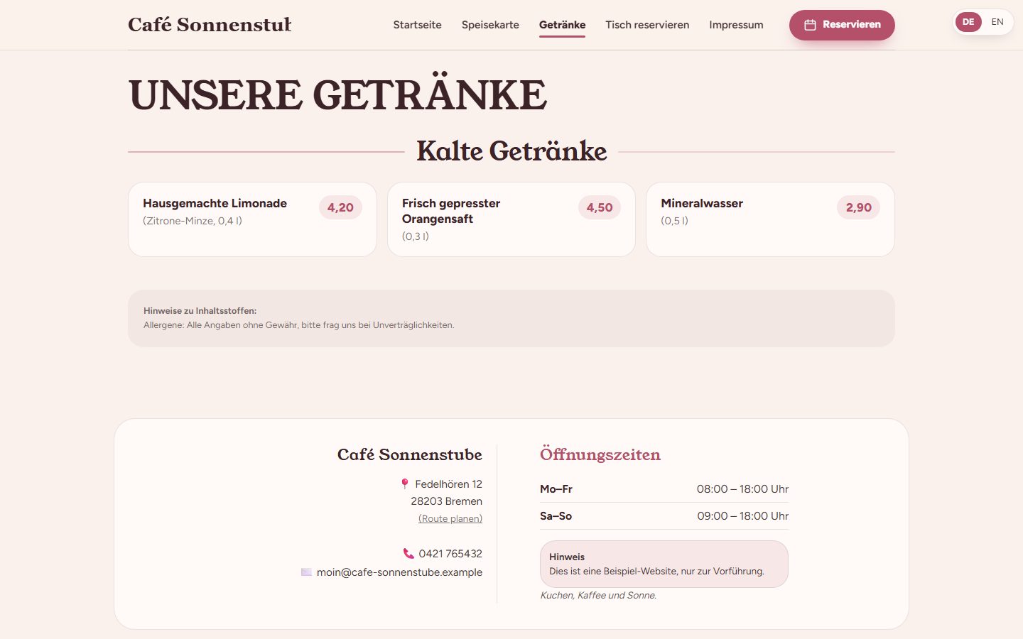 Getränkekarte der Demo-Website