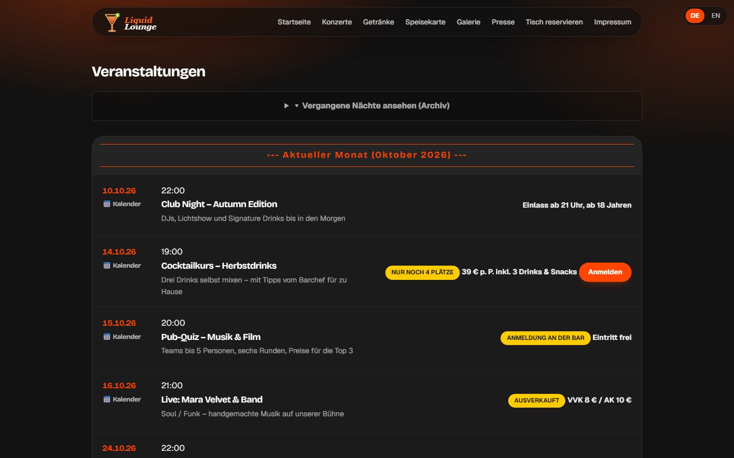 Veranstaltungskalender der Demo-Website