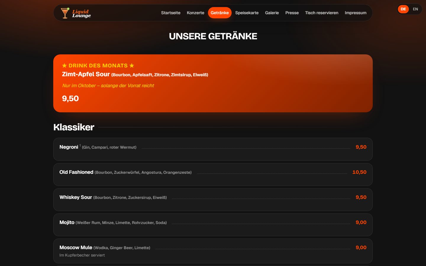 Getränkekarte der Demo-Website