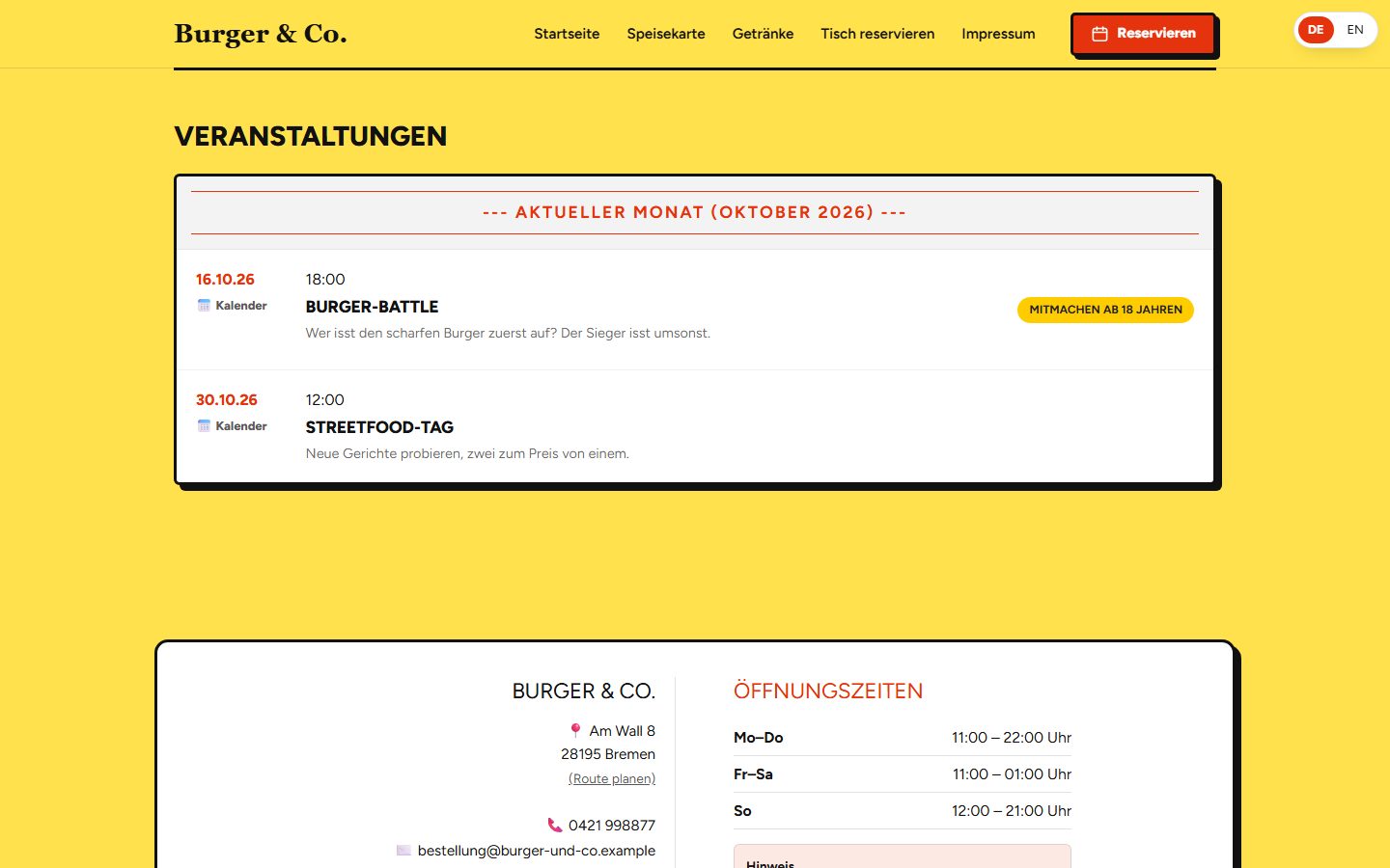 Veranstaltungskalender der Demo-Website